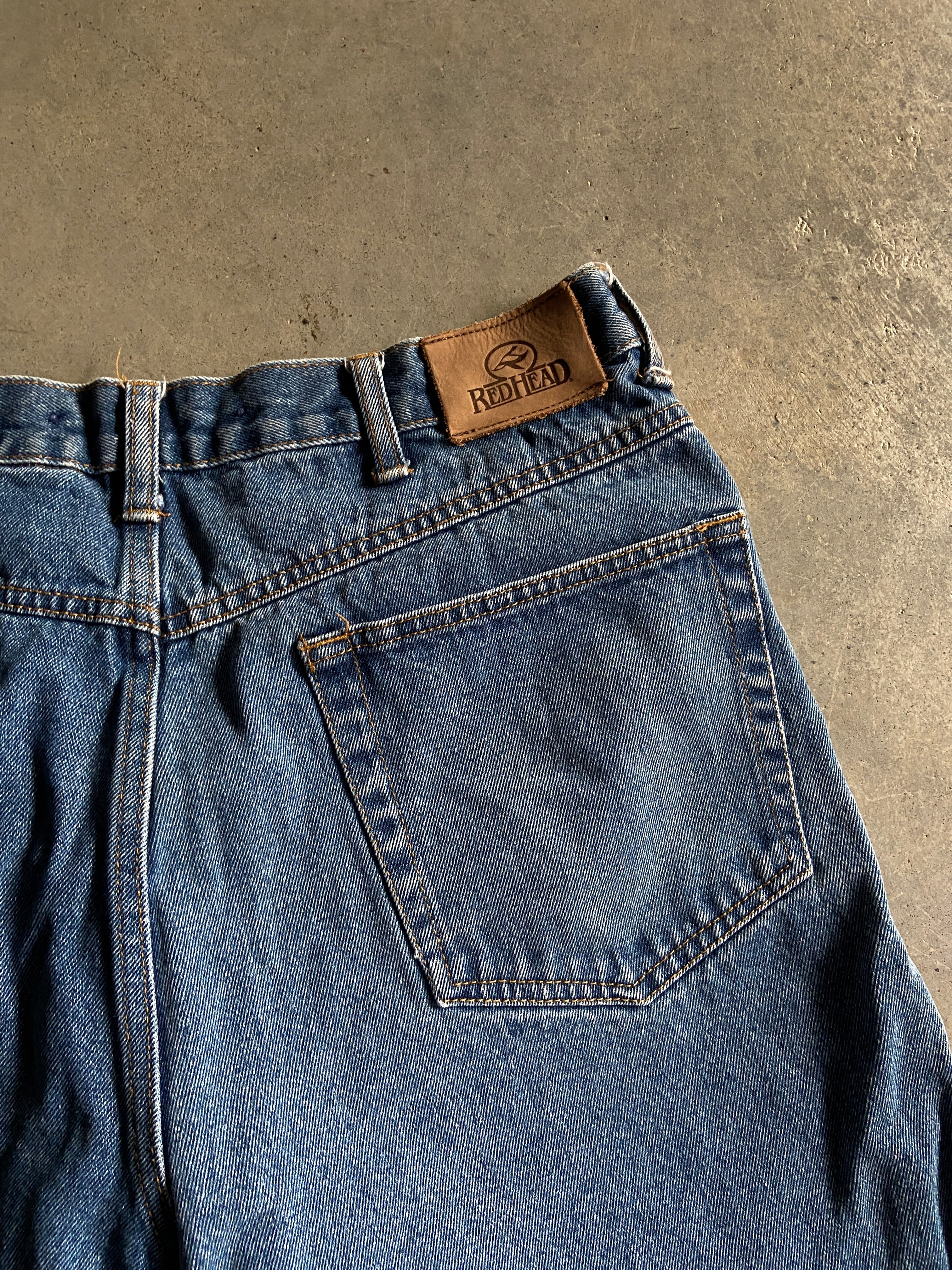 Y2K Red Head Denim Brush Pants Sz 36x29