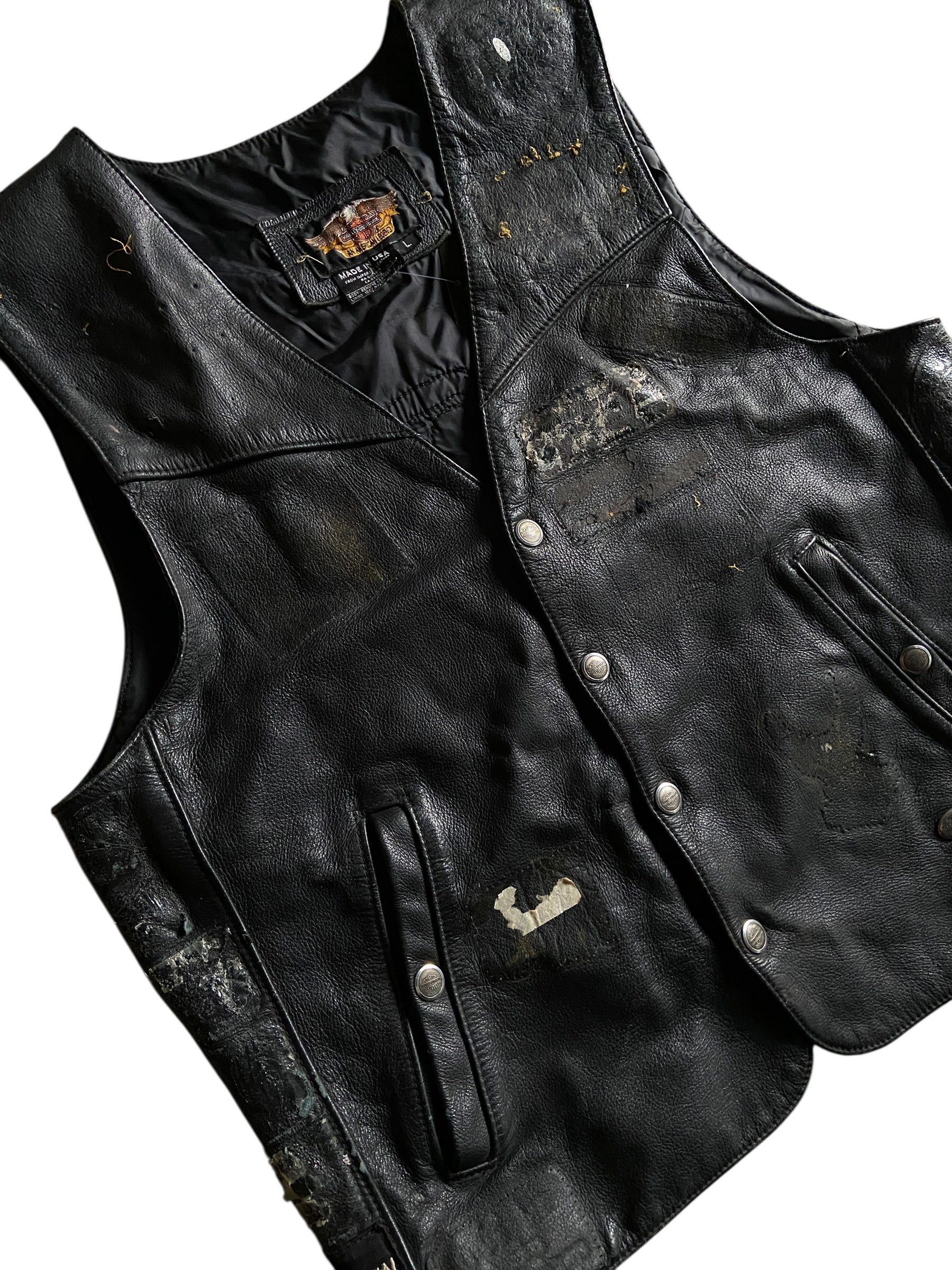 VTG Thrashed Harley Davidson USMC Leather Vest Sz L
