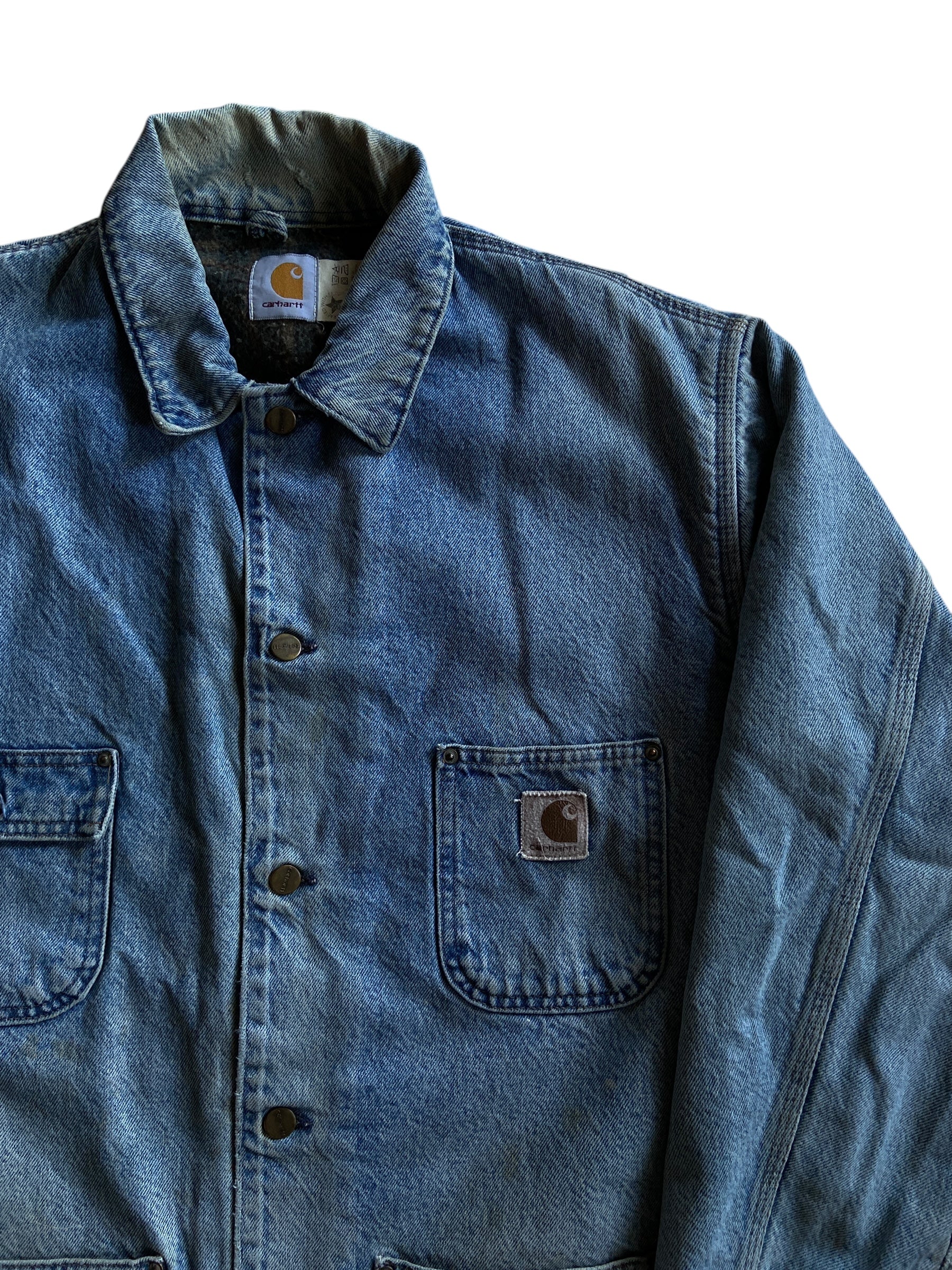 VTG Union Made Carhartt Denim Blanket Lined Chore Coat CB0408 Sz XL