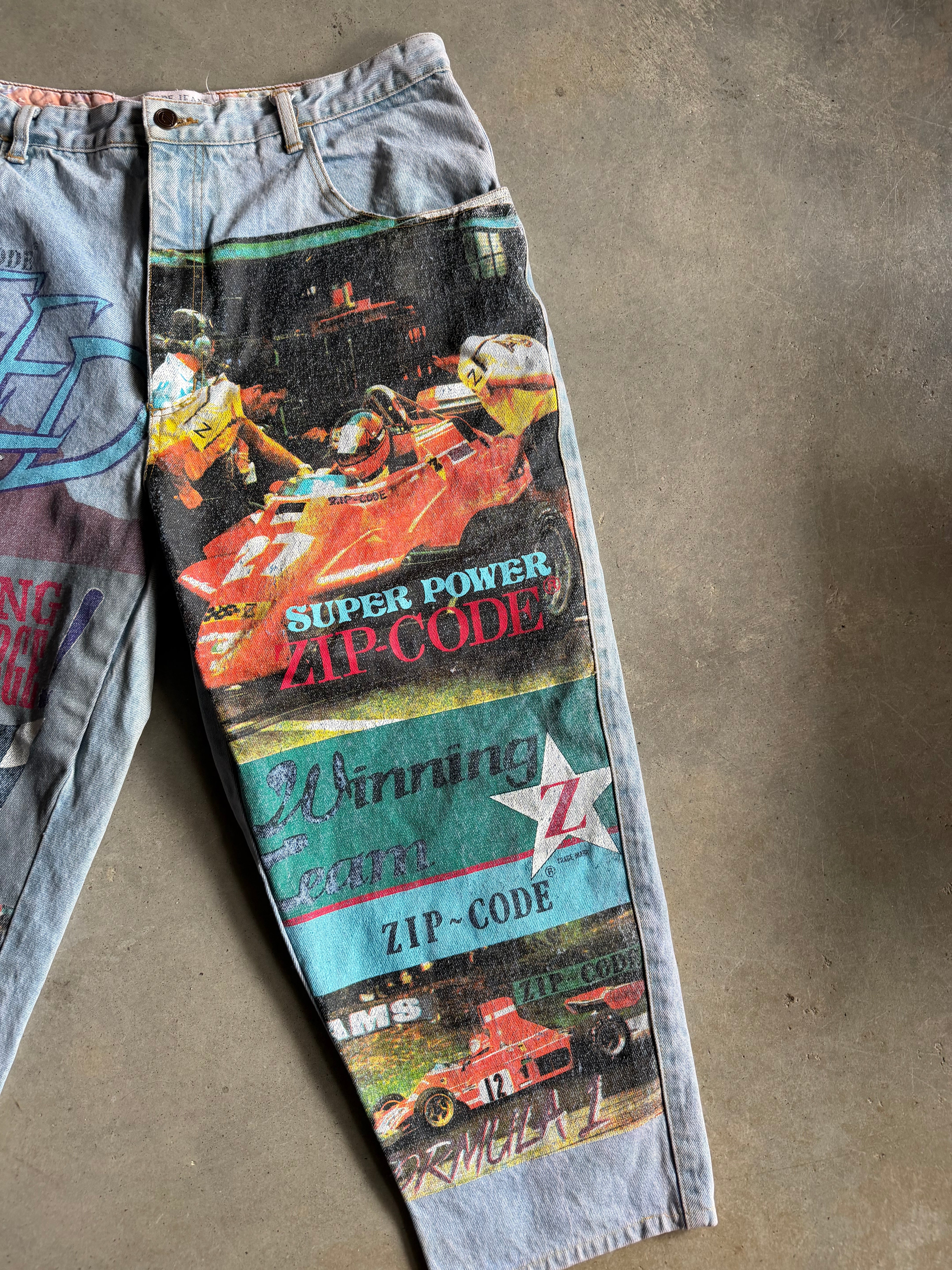 VTG Zip Code Formula One Graphic Jeans Sz 36x24