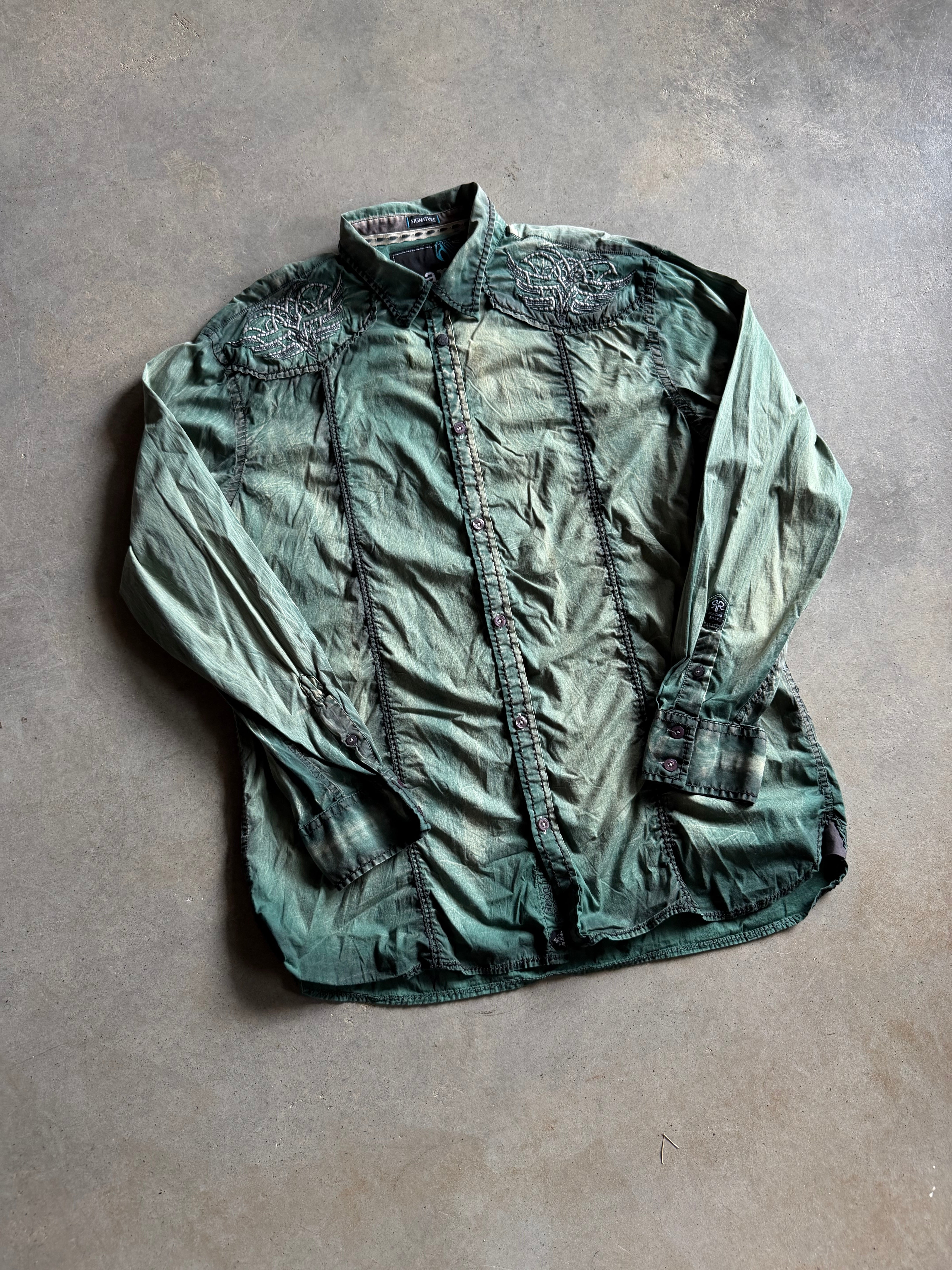 Y2K Roar Green Button Down Shirt Sz 2XL
