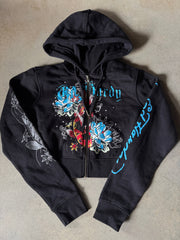 Y2K Wmns Ed Hardy Zip Up Cropped Hoodie Sz S