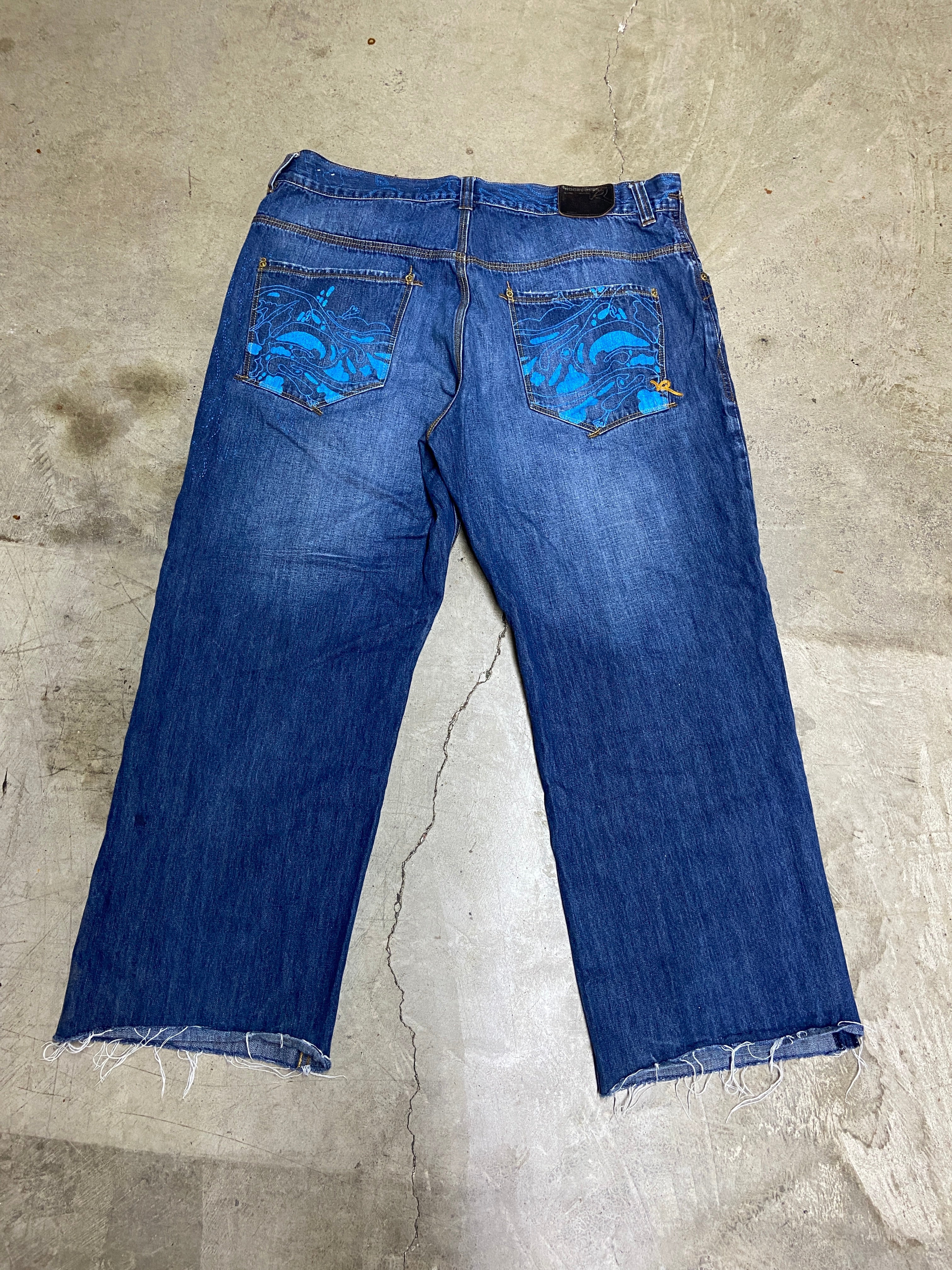 Y2K Rocawear Blue Graphic Denim Baggy Jeans Sz 42x30