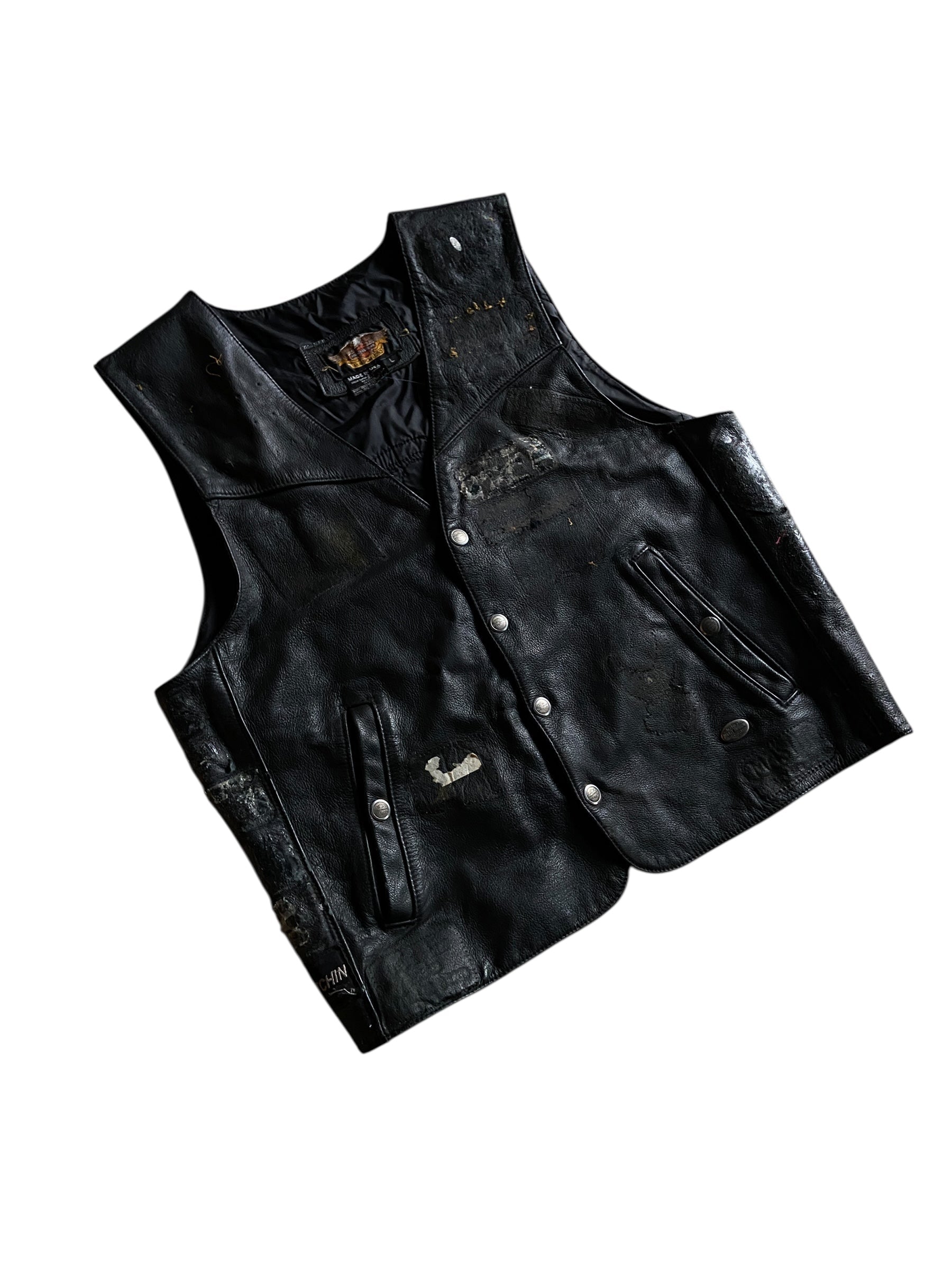 VTG Thrashed Harley Davidson USMC Leather Vest Sz L
