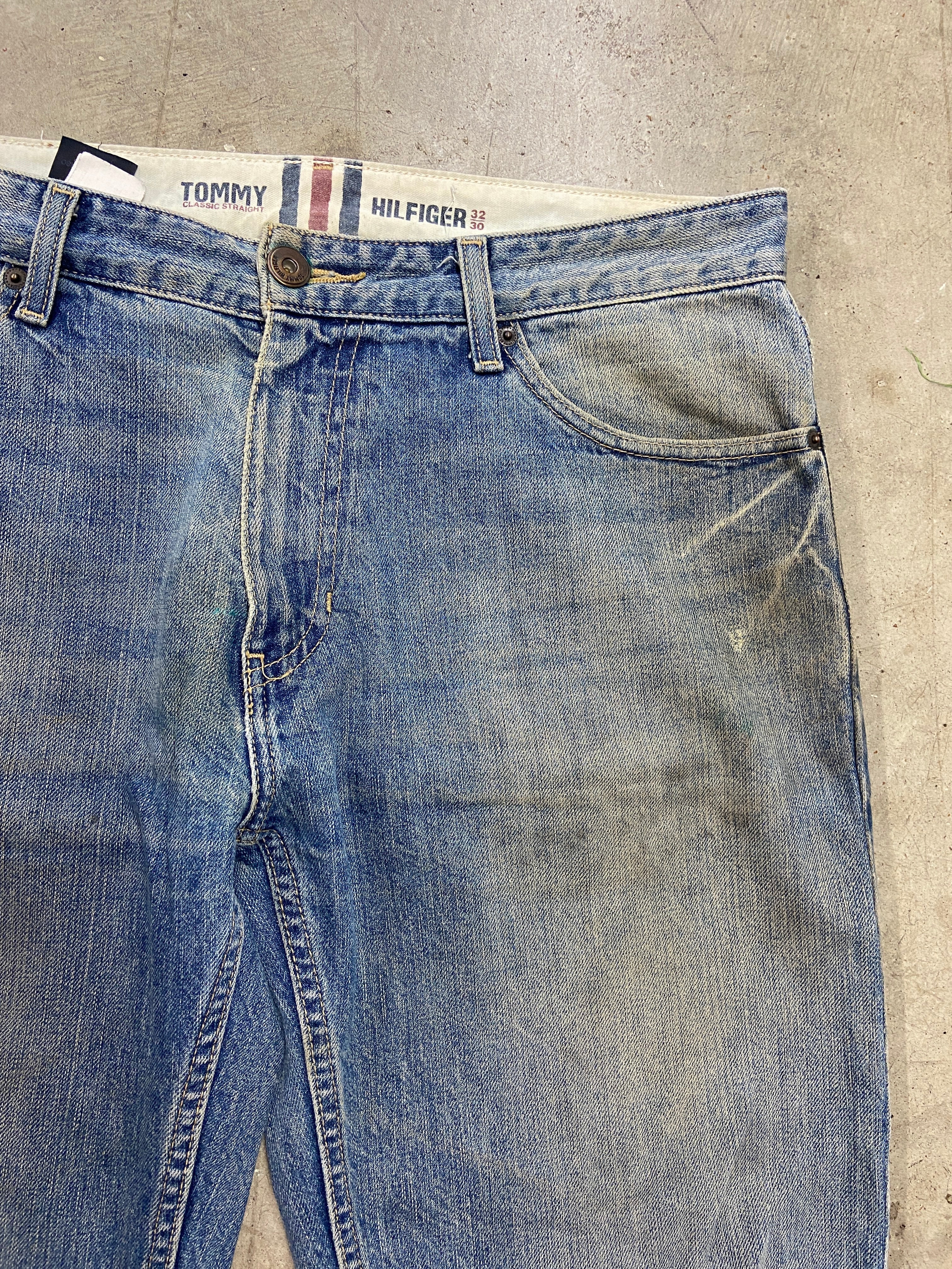 Y2K Tommy Hilfiger Mud Wash Baggy Denim Jeans Sz 36x30